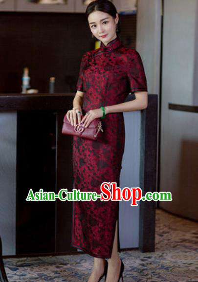 Chinese Traditional Tang Suit Qipao Dress National Costume Purplish Red Silk Cheongsam for Women