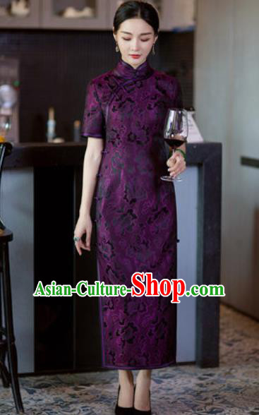 Chinese Traditional Tang Suit Qipao Dress National Costume Purple Silk Cheongsam for Women