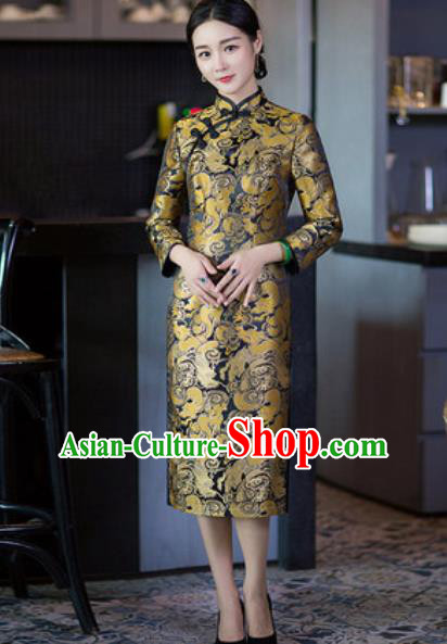 Chinese Traditional Tang Suit Qipao Dress National Costume Golden Silk Cheongsam for Women