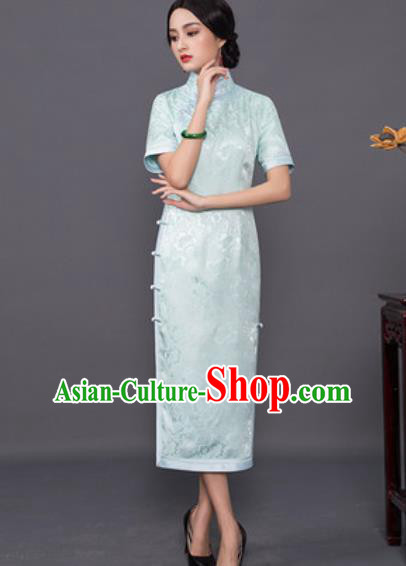 Chinese Traditional Tang Suit Qipao Dress National Costume Light Green Silk Cheongsam for Women