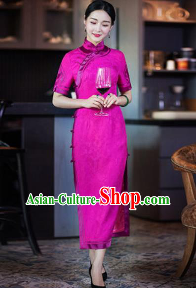 Chinese Traditional Rosy Silk Cheongsam Tang Suit Qipao Dress National Costume for Women