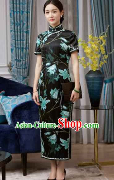 Chinese Traditional Printing Black Silk Cheongsam Tang Suit Qipao Dress National Costume for Women