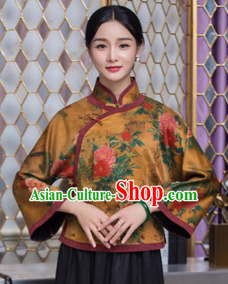 Chinese Traditional Tang Suit Upper Outer Garment Qipao Printing Peony Golden Blouse National Costume for Women