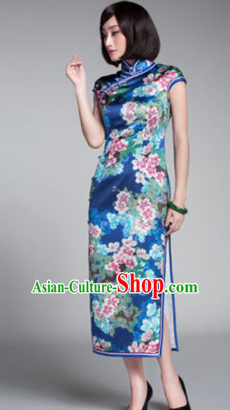 Chinese Traditional Printing Flowers Blue Cheongsam Tang Suit Qipao Dress National Costume for Women