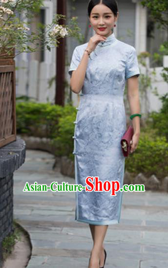 Chinese Traditional Light Blue Silk Cheongsam Tang Suit Qipao Dress National Costume for Women