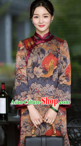 Chinese Traditional Printing Carp Silk Cheongsam Tang Suit Qipao Dress National Costume for Women