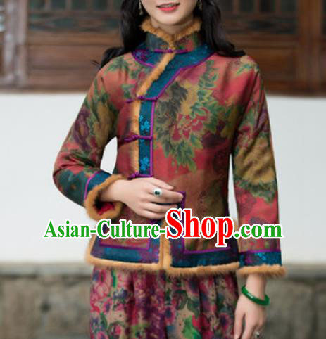 Chinese Traditional Tang Suit Upper Outer Garment Printing Wool Jacket National Costume for Women