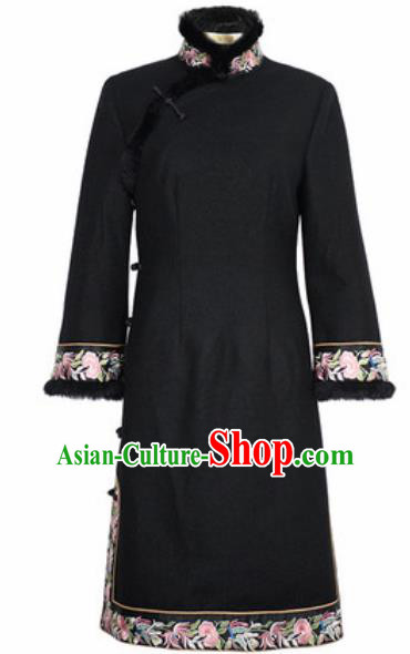 Chinese Traditional Black Woolen Embroidered Cheongsam Tang Suit Qipao Dress National Costume for Women