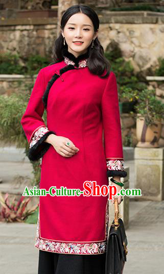 Chinese Traditional Red Woolen Embroidered Cheongsam Tang Suit Qipao Dress National Costume for Women