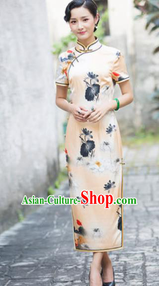 Chinese Traditional Printing Lotus Silk Cheongsam Tang Suit Qipao Dress National Costume for Women
