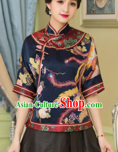 Chinese Traditional Tang Suit Upper Outer Garment Printing Phoenix Navy Silk Blouse National Costume for Women