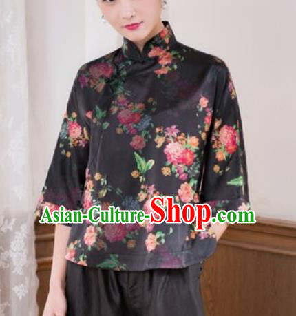 Chinese Traditional Tang Suit Upper Outer Garment Printing Black Silk Blouse National Costume for Women