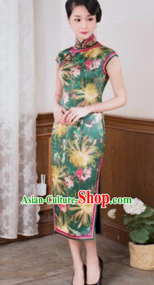 Chinese Traditional Printing Green Silk Cheongsam Tang Suit Qipao Dress National Costume for Women