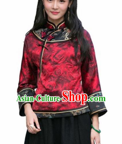 Chinese Traditional Printing Roses Red Silk Blouse Tang Suit Upper Outer Garment National Costume for Women