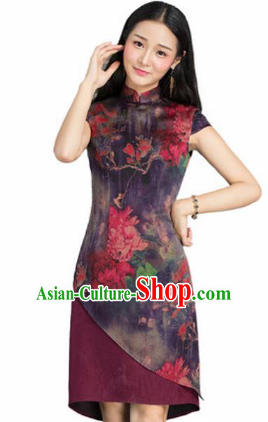 Chinese Traditional Printing Peony Purple Silk Cheongsam Tang Suit Qipao Dress National Costume for Women