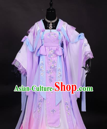 Chinese Traditional Cosplay Peri Costume Ancient Swordswoman Light Purple Hanfu Dress for Women