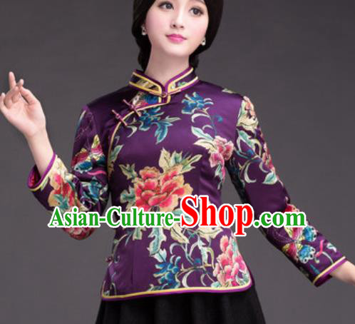 Chinese Traditional Printing Peony Purple Silk Blouse Tang Suit Upper Outer Garment National Costume for Women