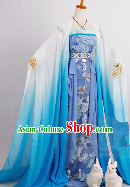 Chinese Traditional Cosplay Peri Goddess Costume Ancient Imperial Consort Blue Hanfu Dress for Women