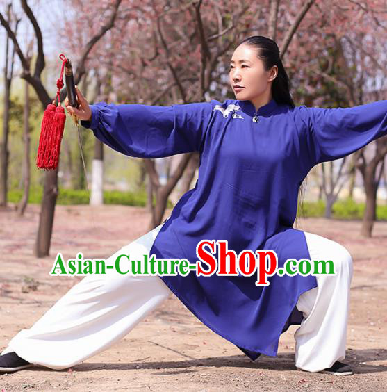 Chinese Traditional Martial Arts Costume Kung Fu Tai Chi Deep Blue Clothing for Women