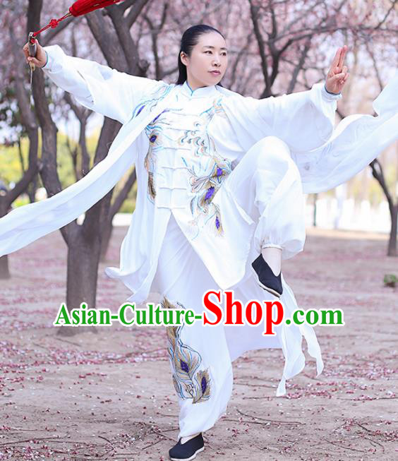 Chinese Traditional Martial Arts Costume Kung Fu Tai Chi Embroidered Phoenix White Clothing for Women