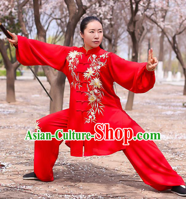 Chinese Traditional Martial Arts Competition Costume Kung Fu Tai Chi Embroidered Bamboo Red Clothing for Women