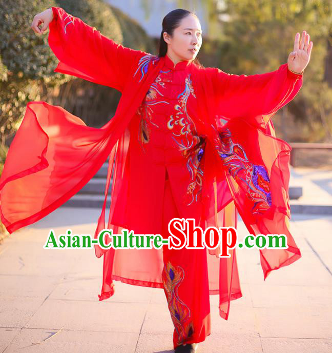 Chinese Traditional Martial Arts Competition Costume Kung Fu Embroidered Phoenix Red Clothing for Women