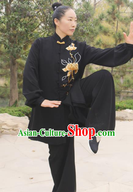 Chinese Traditional Kung Fu Competition Costume Martial Arts Tai Chi Embroidered Lotus Black Clothing for Women