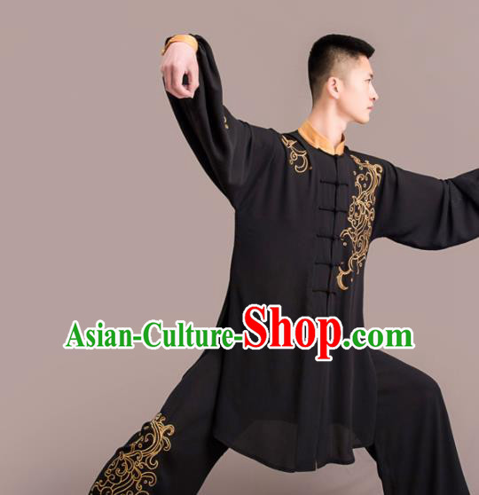 Chinese Traditional Kung Fu Competition Black Costume Martial Arts Embroidered Clothing for Men