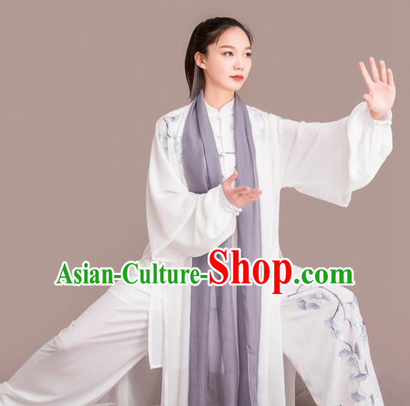 Chinese Traditional Kung Fu Competition Embroidered Ginkgo Leaf White Costume Martial Arts Tai Chi Clothing for Women