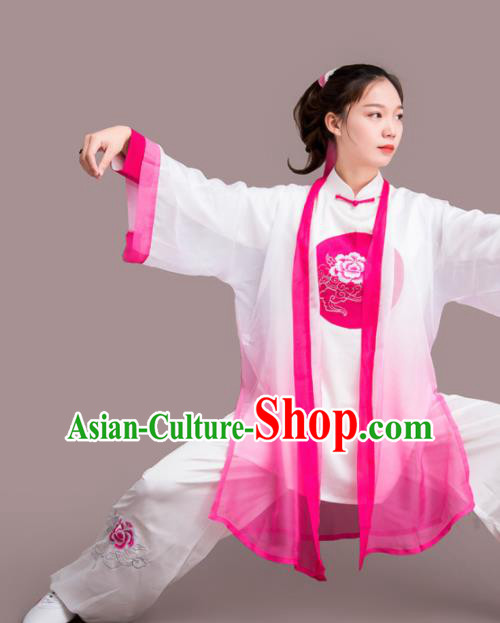 Chinese Traditional Kung Fu Competition Embroidered Peony Rosy Costume Martial Arts Tai Chi Clothing for Women