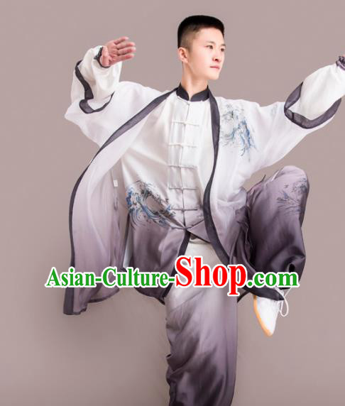 Chinese Traditional Kung Fu Competition Grey Costume Martial Arts Embroidered Clothing for Men