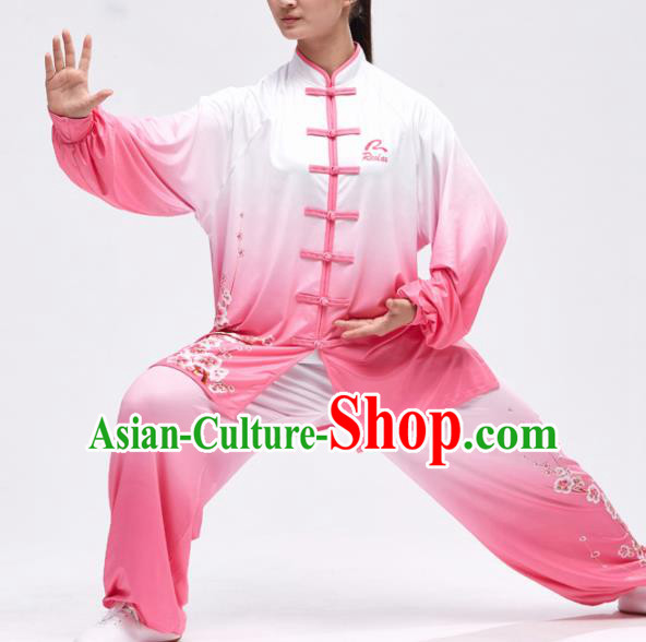 Chinese Traditional Kung Fu Competition Printing Pink Costume Martial Arts Tai Chi Clothing for Women