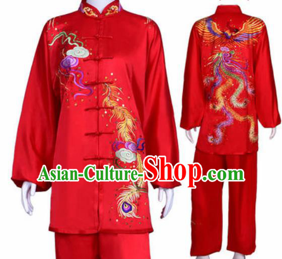 Chinese Traditional Kung Fu Competition Costume Martial Arts Tai Chi Embroidered Phoenix Red Clothing for Women