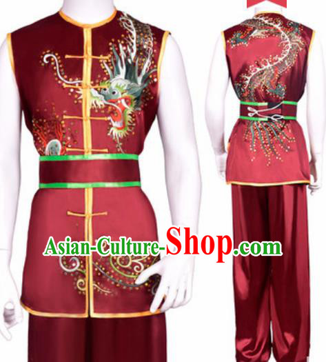 Chinese Traditional Kung Fu Competition Embroidered Dragon Wine Red Costume Tai Chi Martial Arts Clothing for Men