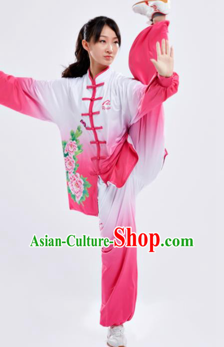 Chinese Traditional Kung Fu Competition Costume Martial Arts Tai Chi Printing Peony Rosy Clothing for Women