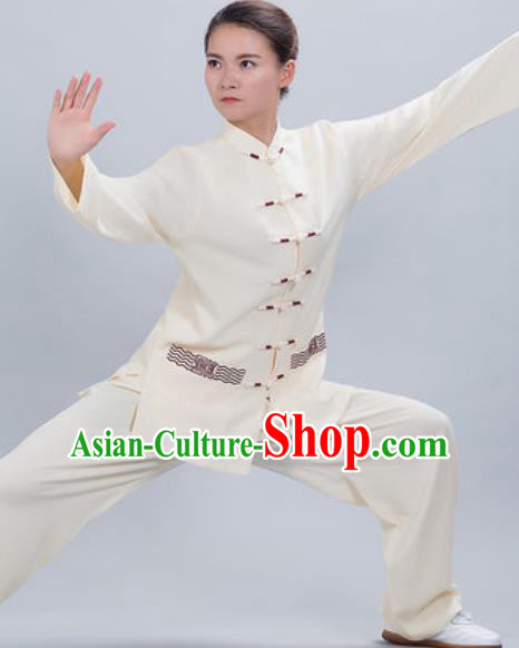 Chinese Traditional Kung Fu Competition Costume Tang Suit Tai Chi Beige Clothing for Women