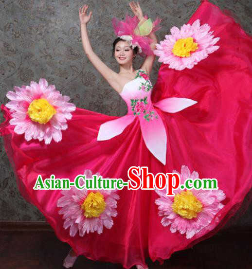 Chinese Traditional Spring Festival Gala Dance Costume Opening Dance Modern Dance Rosy Bubble Dress for Women