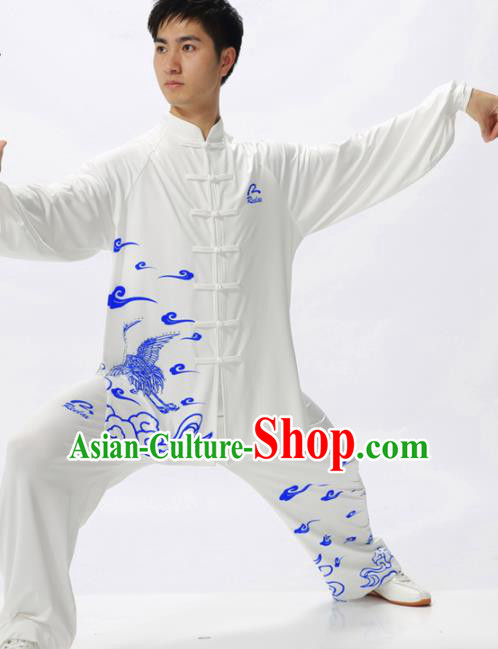 Chinese Traditional Kung Fu Competition Printing Crane White Costume Tai Chi Martial Arts Clothing for Men