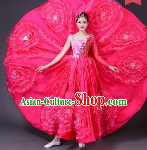 Chinese Traditional Spring Festival Gala Dance Costume Opening Dance Stage Performance Rosy Peony Dress for Women