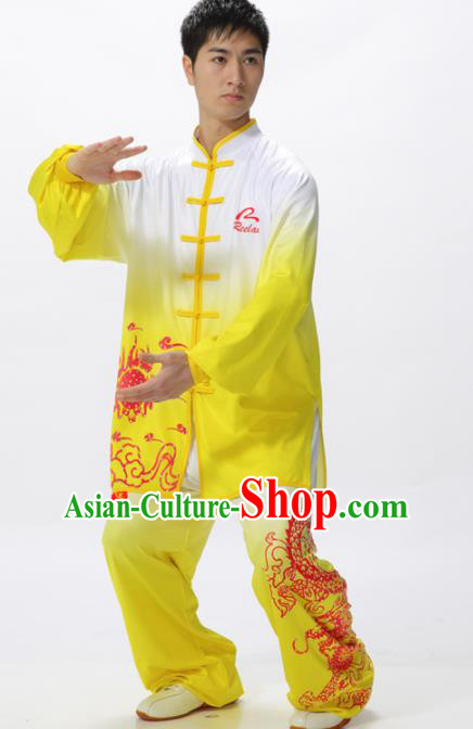 Chinese Traditional Kung Fu Competition Printing Peony Yellow Costume Tai Chi Martial Arts Clothing for Men