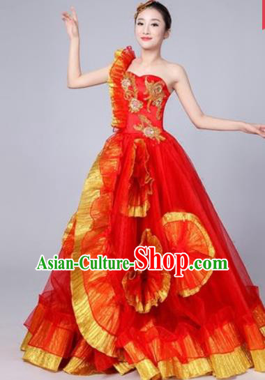 Chinese Traditional Spring Festival Gala Dance Costume Opening Dance Stage Performance Red Veil Dress for Women