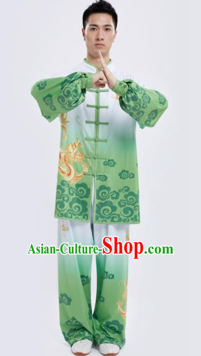 Chinese Traditional Kung Fu Competition Printing Dragon Green Costume Tai Chi Martial Arts Clothing for Men