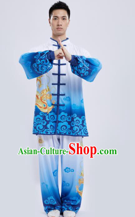 Chinese Traditional Kung Fu Competition Printing Dragon Blue Costume Tai Chi Martial Arts Clothing for Men