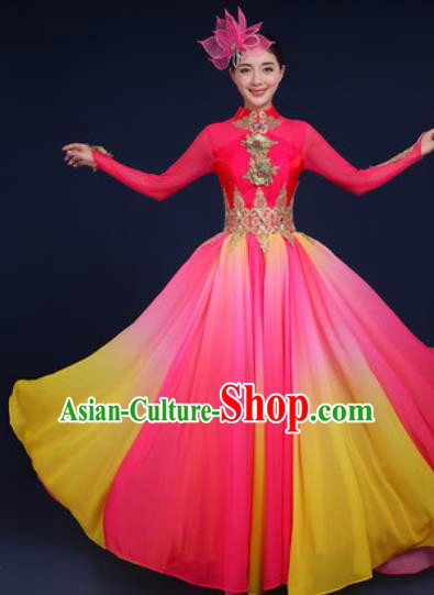 Chinese Traditional Classical Dance Costume Umbrella Dance Stage Performance Rosy Dress for Women