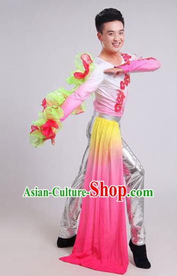 Chinese Traditional Drum Dance Pink Costume Folk Dance Stage Performance Clothing for Men