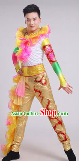 Chinese Traditional Drum Dance Golden Costume Folk Dance Stage Performance Clothing for Men