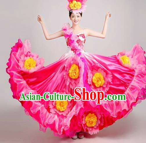 Chinese Traditional Opening Dance Peony Dance Rosy Dress Spring Festival Gala Stage Performance Costume for Women