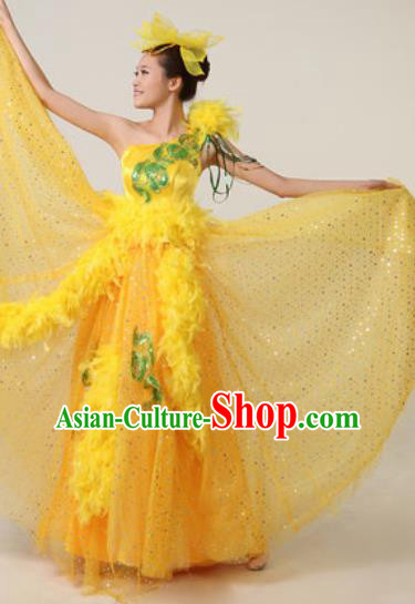 Chinese Traditional Opening Dance Yellow Feather Dress Spring Festival Gala Stage Performance Costume for Women