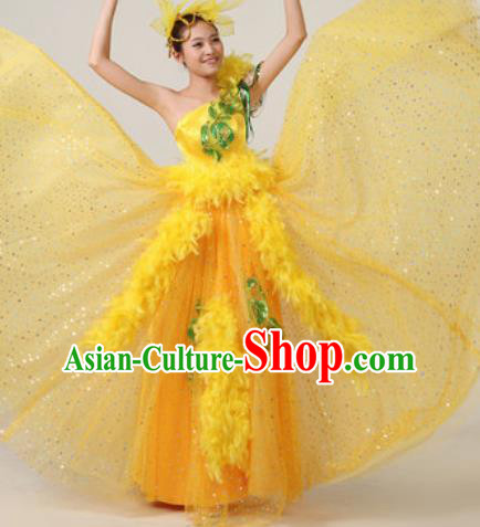 Chinese Traditional Opening Dance Yellow Feather Dress Spring Festival Gala Stage Performance Costume for Women