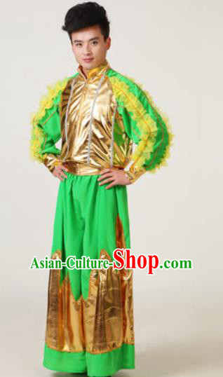 Chinese Traditional Drum Dance Green Costume Folk Dance Stage Performance Clothing for Men